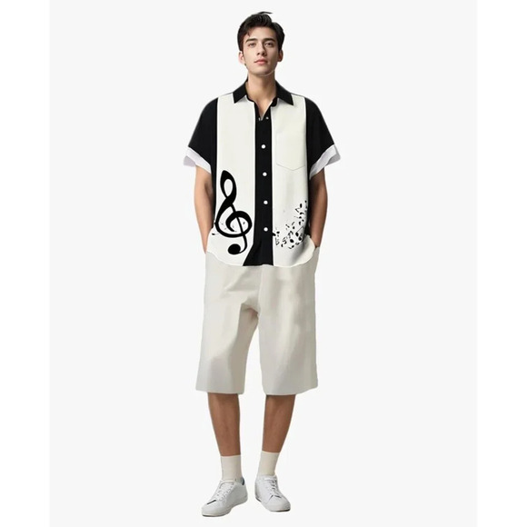 ❤️Men Black Print Short Sleeve Hawaiian Fit Casual Button Down Beach Shirts - Picture 3 of 7